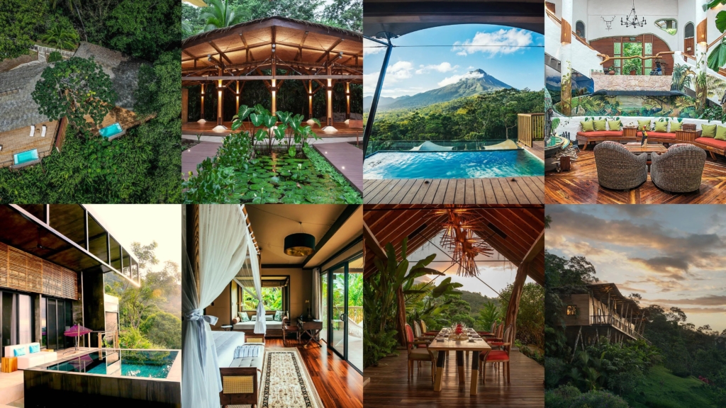 A collage of Costa Rican properties, from beachfront homes to commercial spaces, symbolizing the diverse real estate opportunities available through Bernard Realty, highlighted by images of professionals engaging in negotiations, analyzing market trends, and networking.
