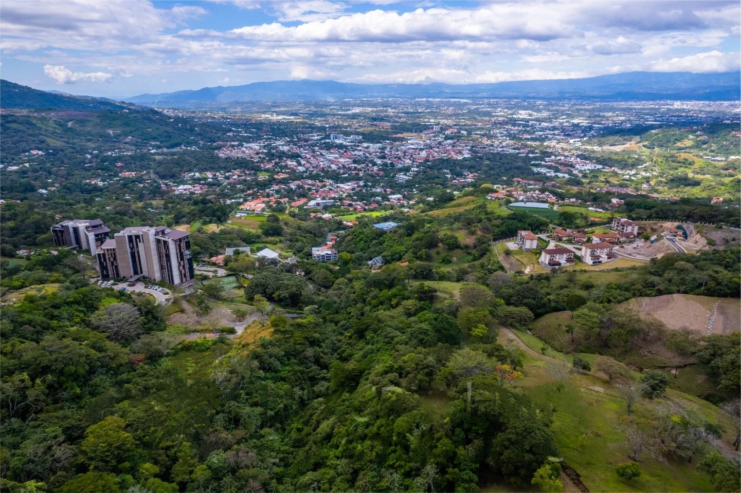 Lush green property with rolling hills and trees, ideal for luxury condo development