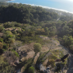 Aerial view of the 30-acre luxury development land in Santa Teresa, surrounded by lush greenery and rolling hills.